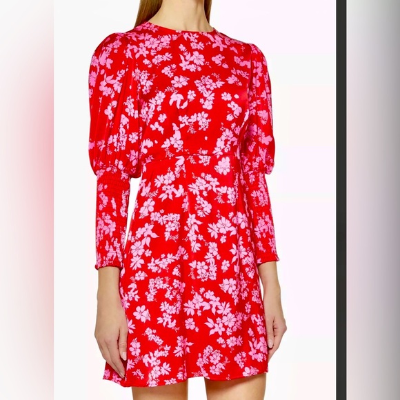 Never Fully Dressed Delores Dress 10 Red Pink Floral ruched bishop sleeves $103 - Picture 3 of 16